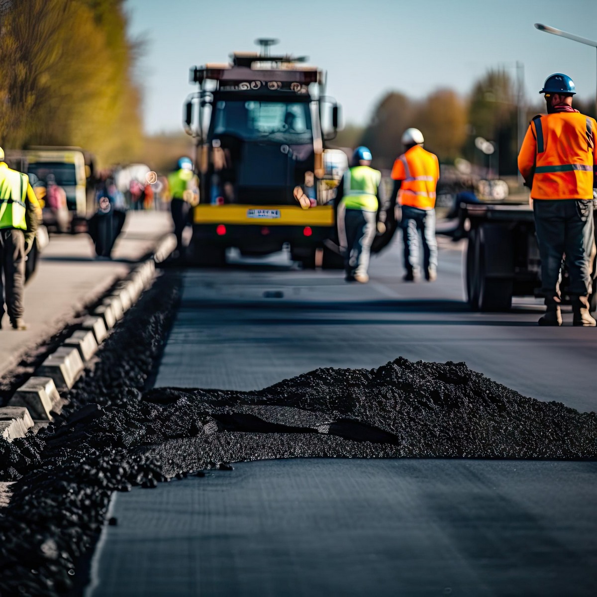 entreprise-travaux-publics-enrobé-voirie-jasmin-sarl Équipe de Jasmin SARL en action sur un chantier de création d'accès avec un camion de transport et un ouvrier qualifié en premier plan, gérant les matériaux.