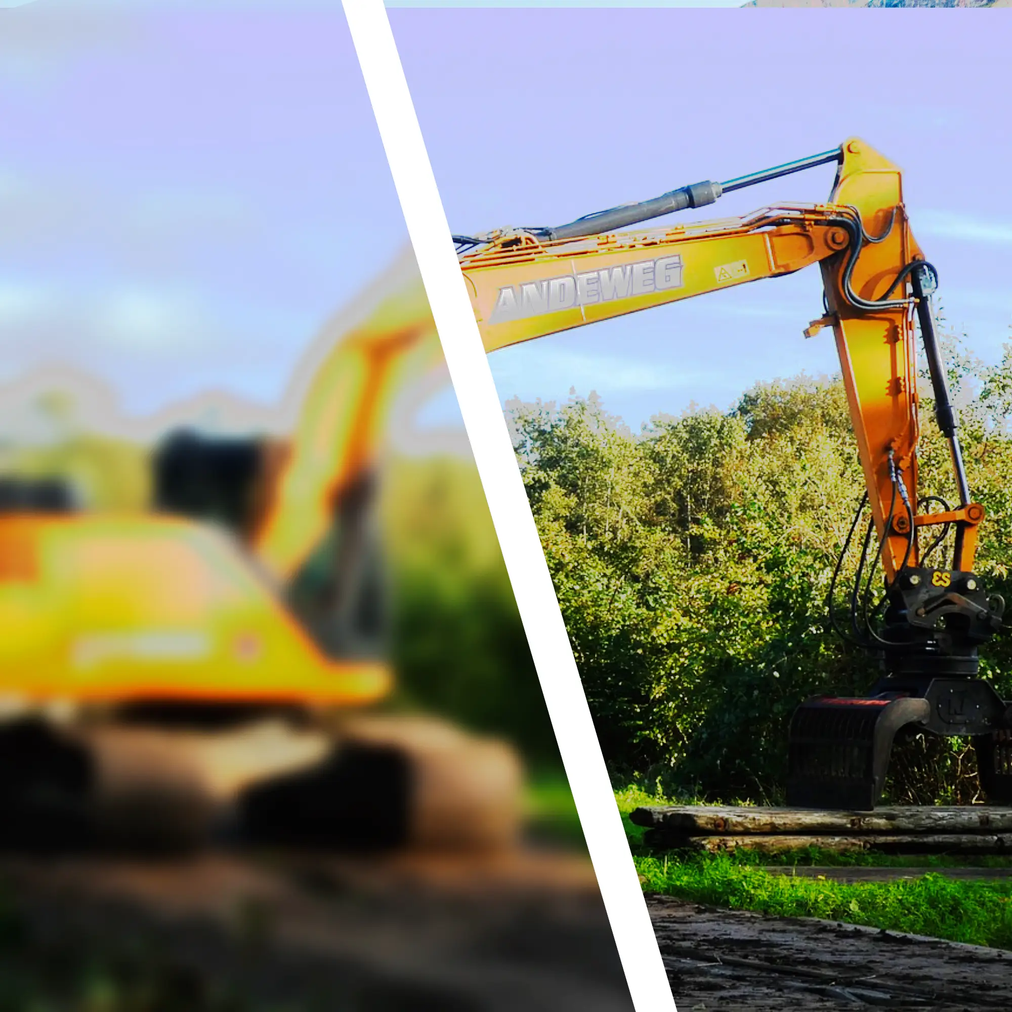 Montage visuel montrant une pelle mécanique à chenilles équipée d'une pince de tri professionnelle sur un terrain en cours d'aménagement.